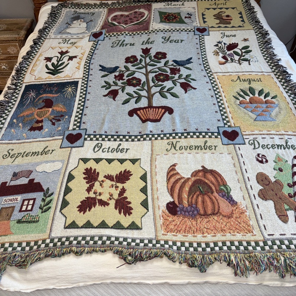Tapestry Throw " Thru The Year" Months/Seasons 52"x 72" Small Pillow Included
